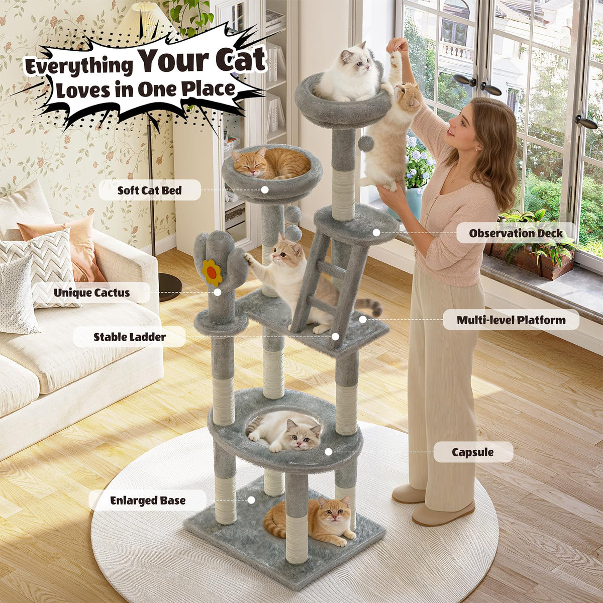 72in Gray Multi-Level Cat Tree with Transparent Capsule O501187