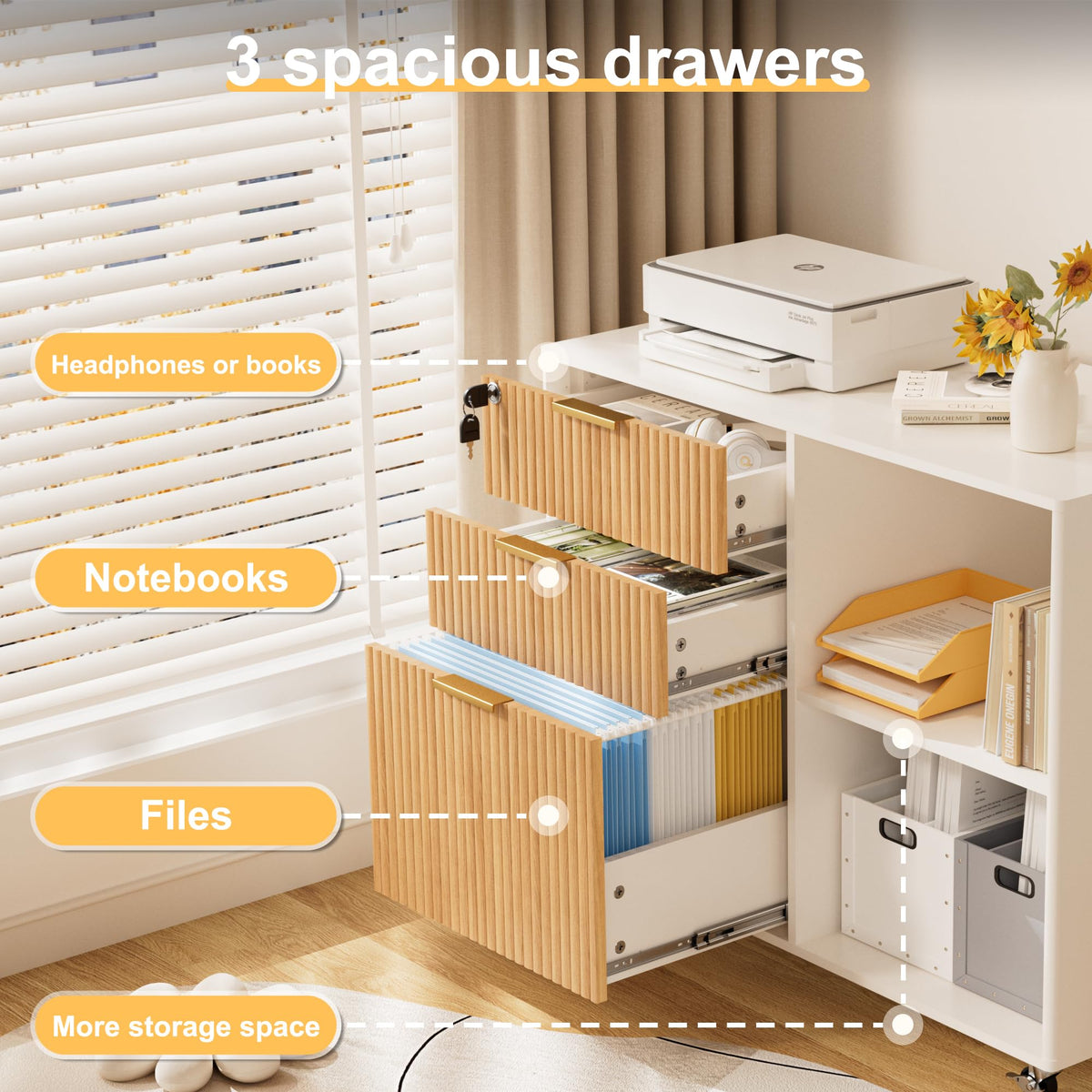 3 Drawer Fluted Mobile Filing Cabinet with Lock R136