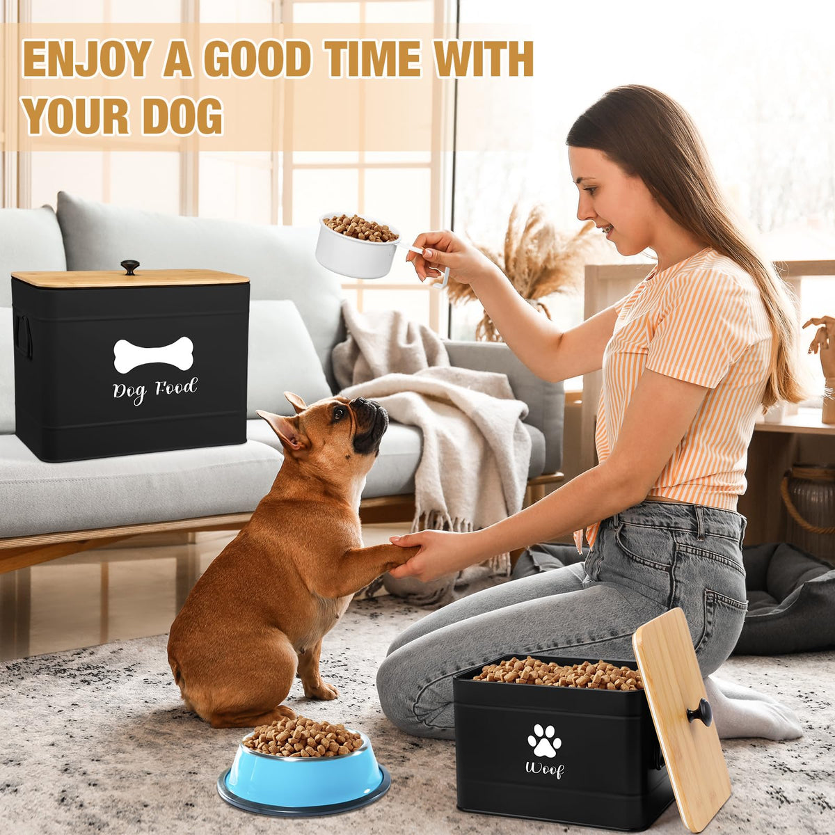 2Pcs Extra Large Metal Dog Food Containers Airtight Black J91733