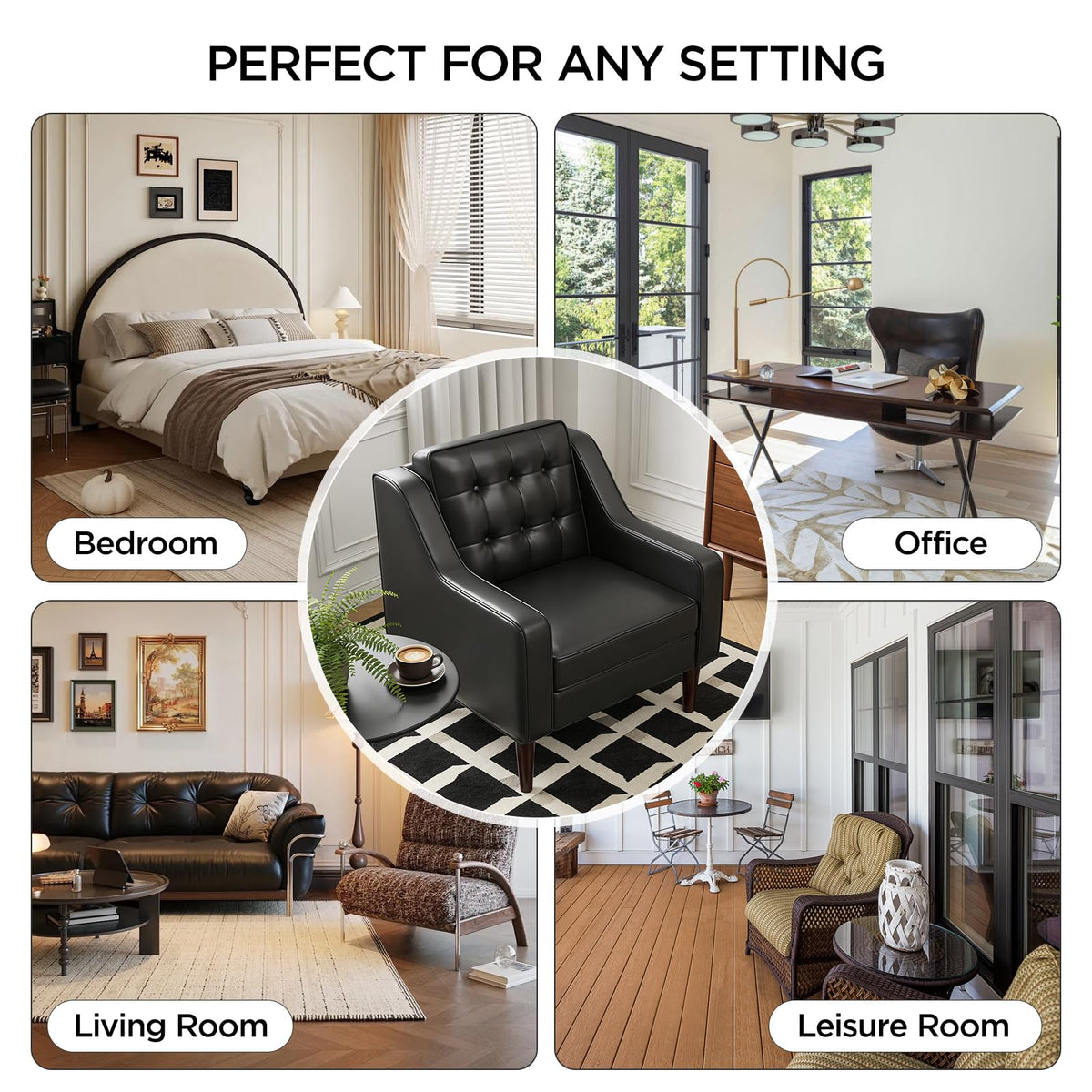 PU Leather Accent Chair Button-Tufted Upholstered Black F68356