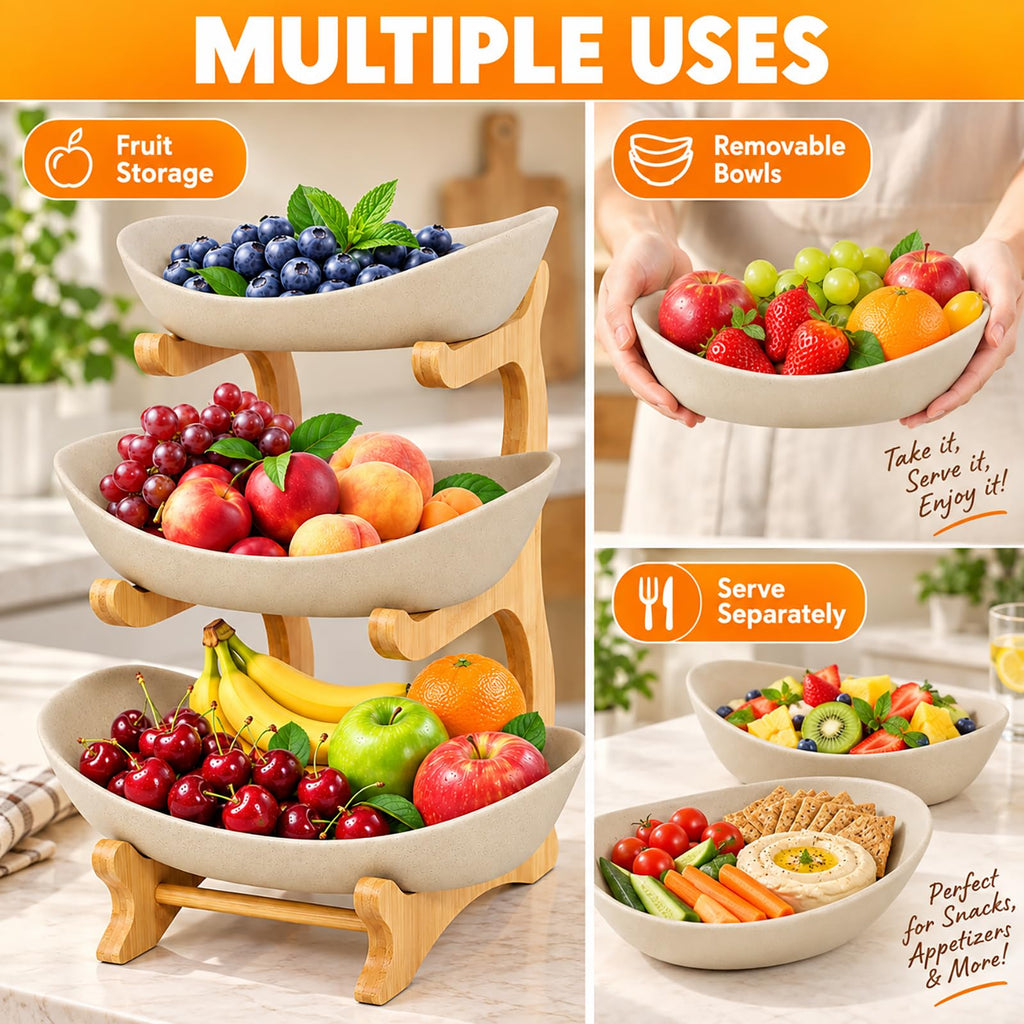 3 Tier Ceramic Fruit Basket with Bamboo Stand J476