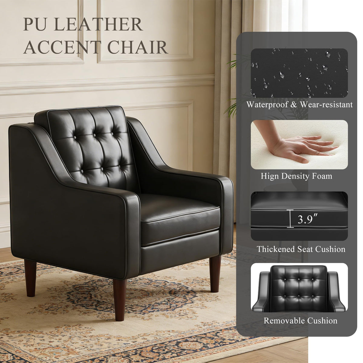 PU Leather Accent Chair Button-Tufted Upholstered Black F68356