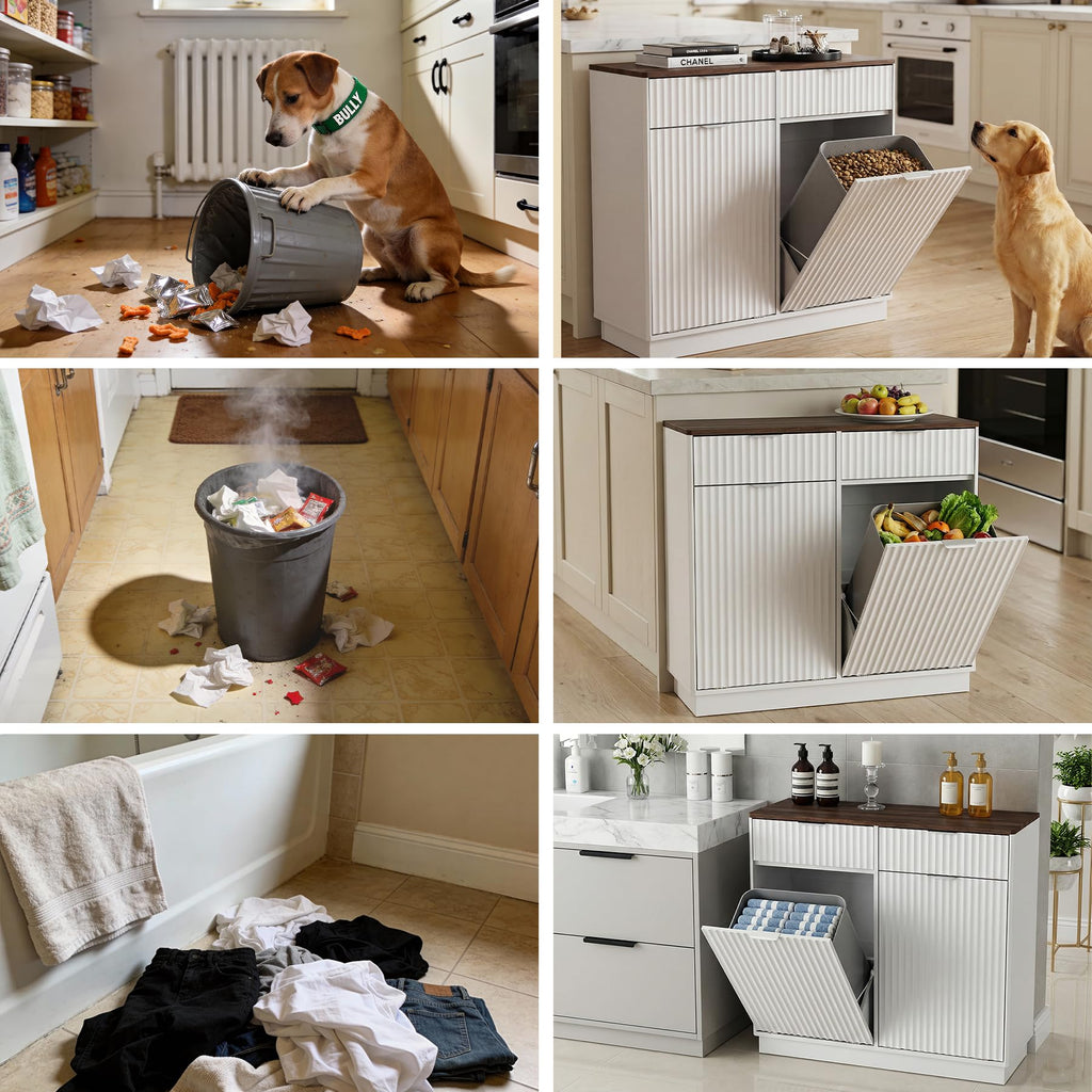 White Double Tilt Out Trash Can Cabinet S9084