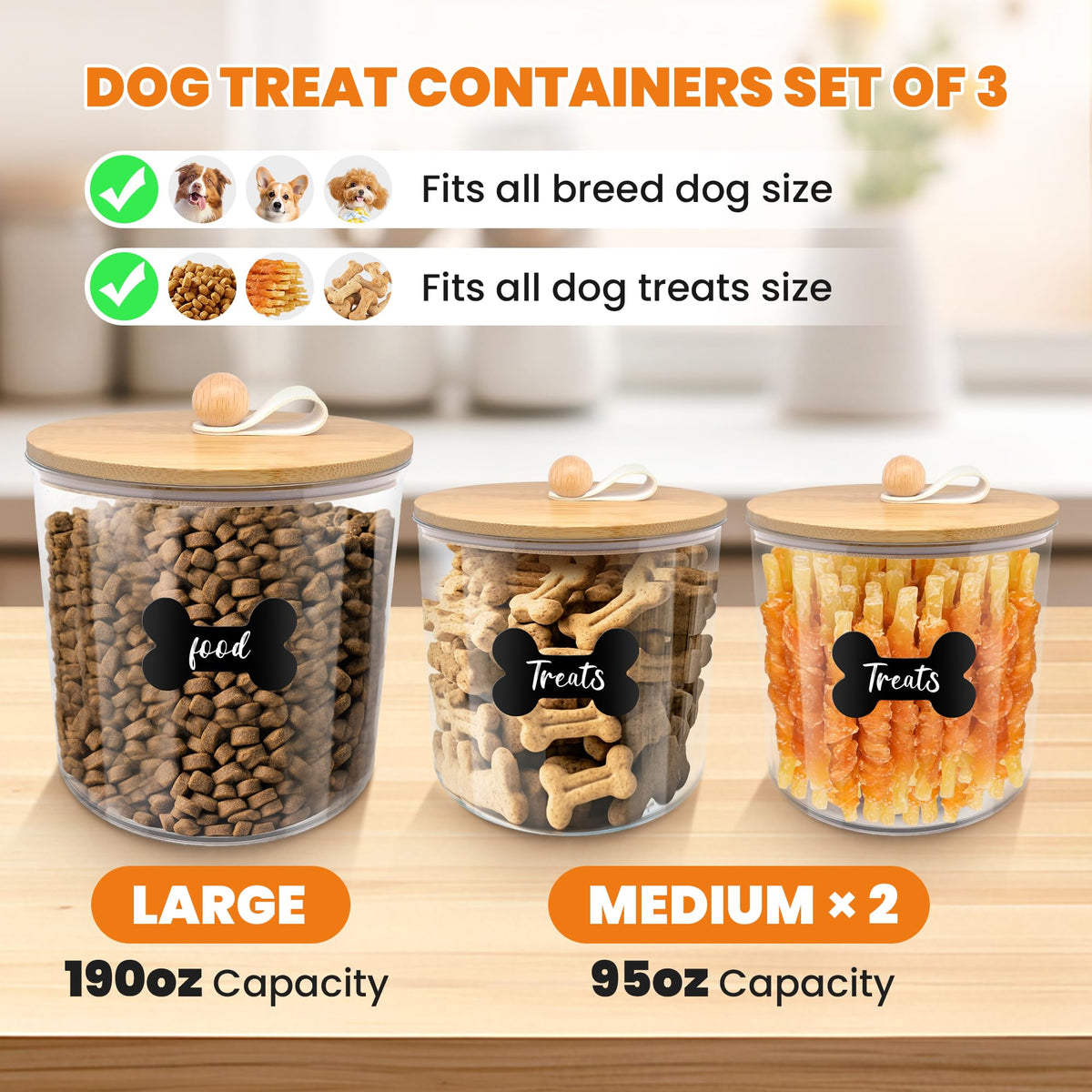 3 Pack Airtight Dog Food Storage Container with Bamboo Lids X7863