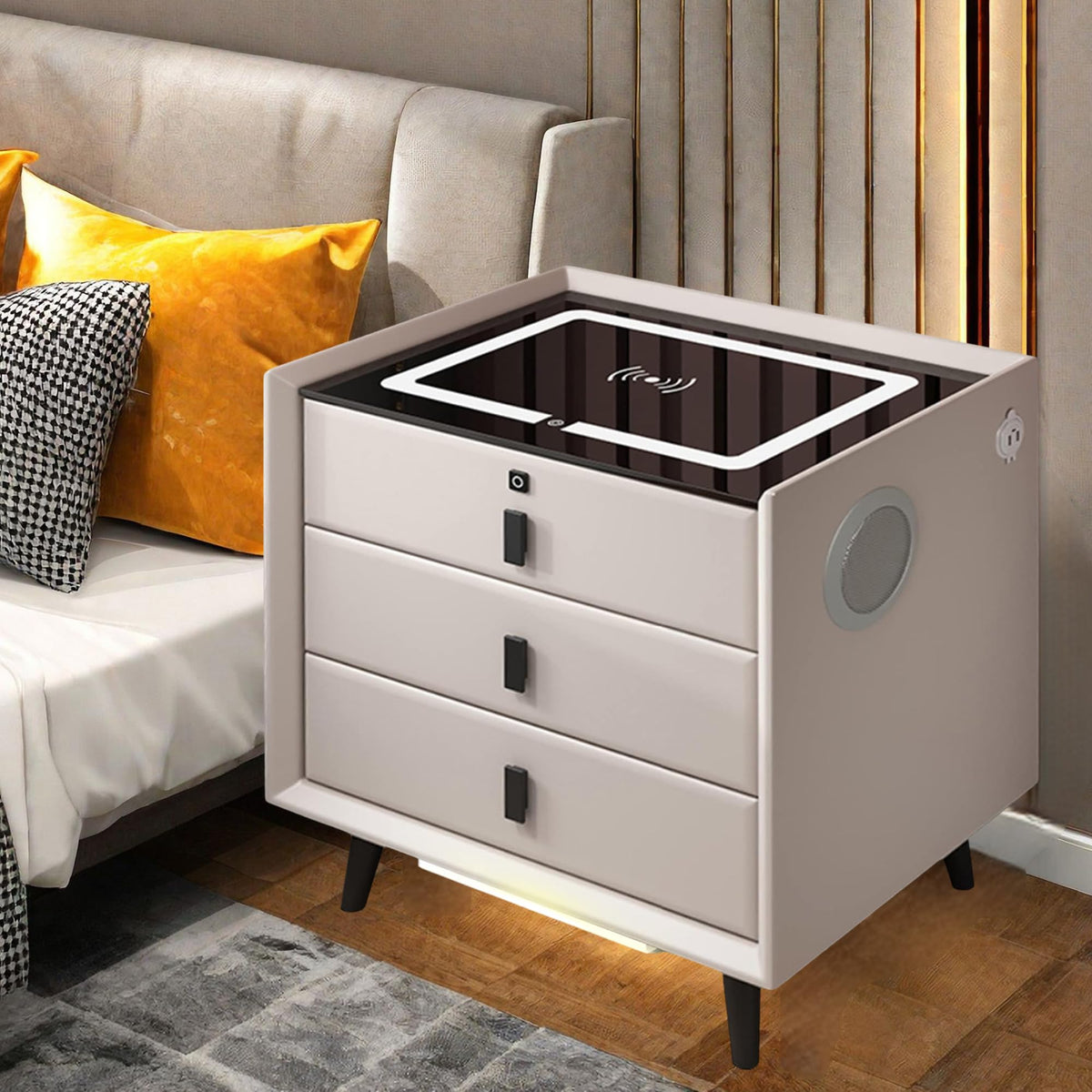 White 3 Drawer Nightstand with Fingerprint Lock and Wireless Charging Y86658
