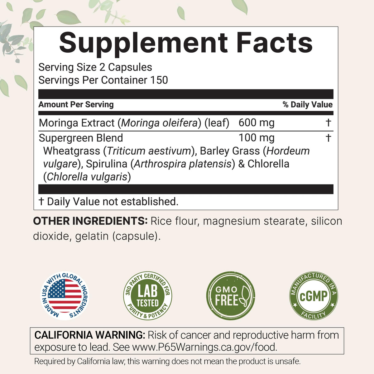300 Capsules Moringa Oleifera Supergreens Blend Supplement F91136