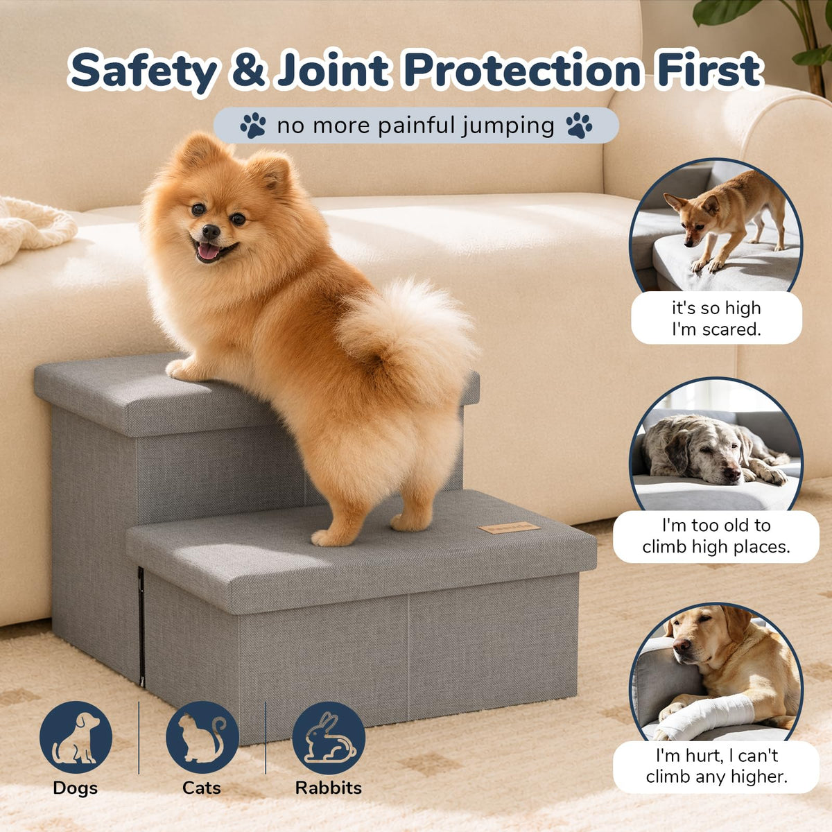 2-Step Wide Dog Stairs with Storage, Non-Slip Foldable Pet Steps, Grey R4089
