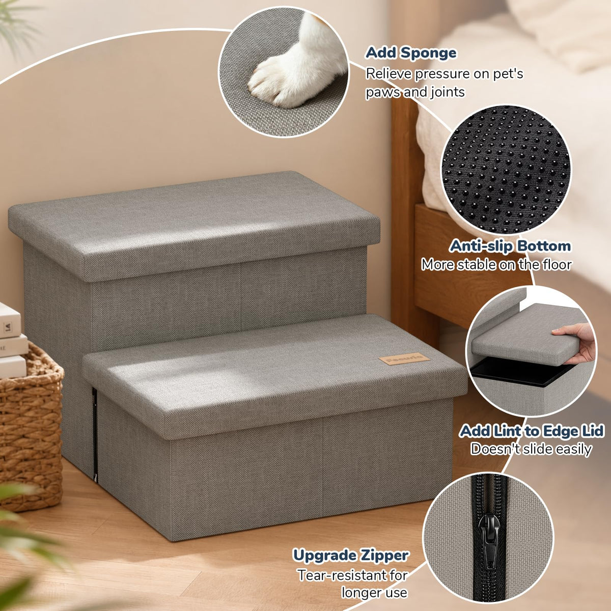 2-Step Wide Dog Stairs with Storage, Non-Slip Foldable Pet Steps, Grey R4089