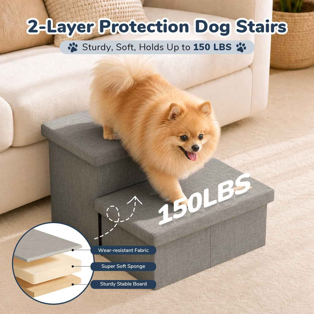 2-Step Wide Dog Stairs with Storage, Non-Slip Foldable Pet Steps, Grey R4089