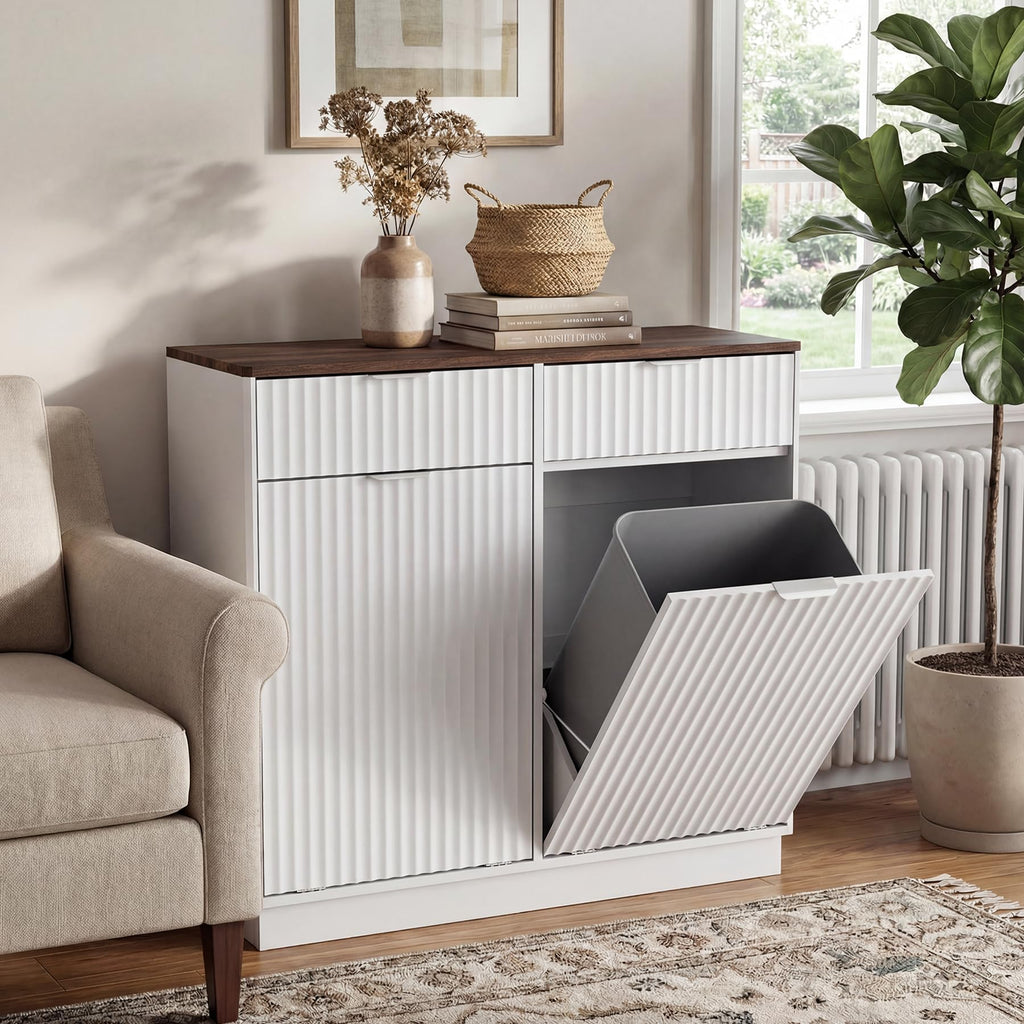 White Double Tilt Out Trash Can Cabinet S9084
