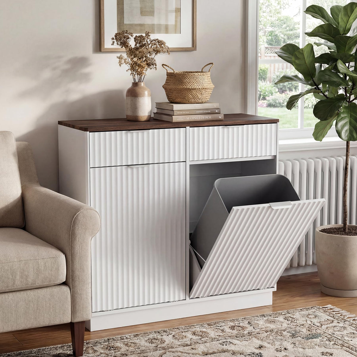 White Double Tilt Out Trash Can Cabinet S9084