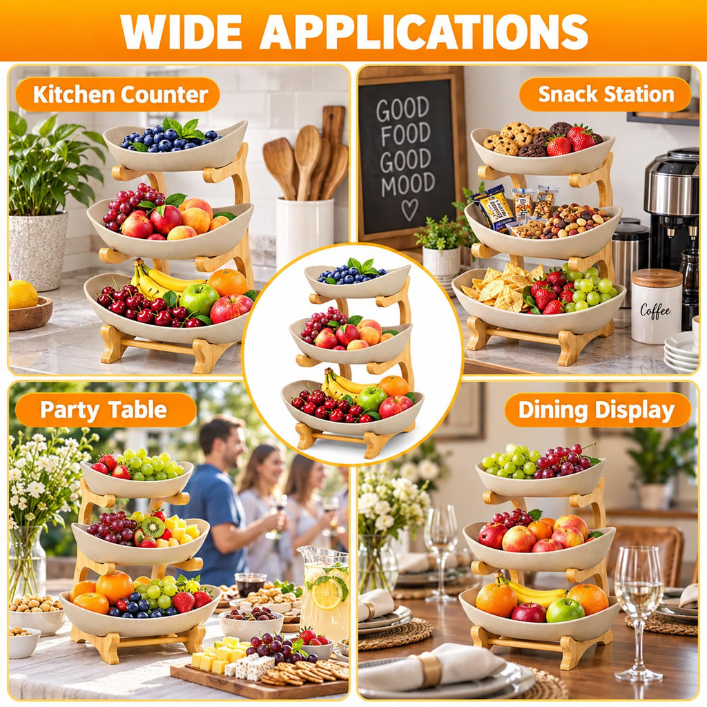 3 Tier Ceramic Fruit Basket with Bamboo Stand J476