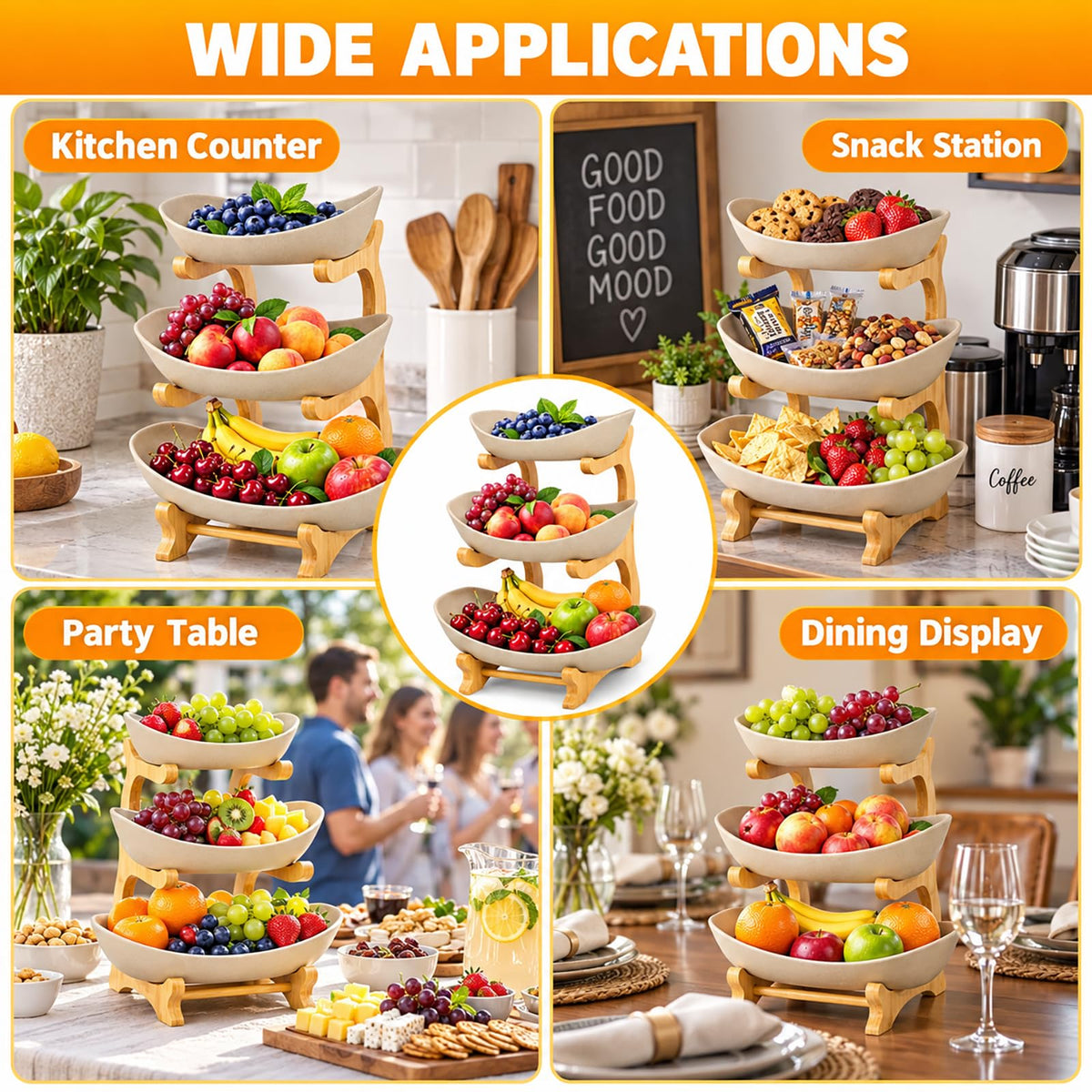 3 Tier Ceramic Fruit Basket with Bamboo Stand J476