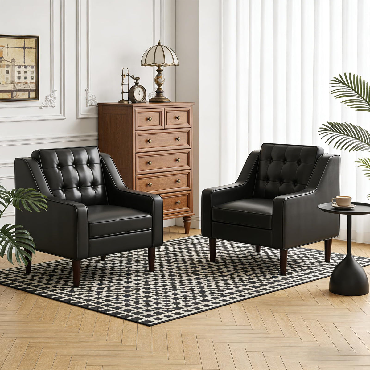 PU Leather Accent Chair Button-Tufted Upholstered Black F68356