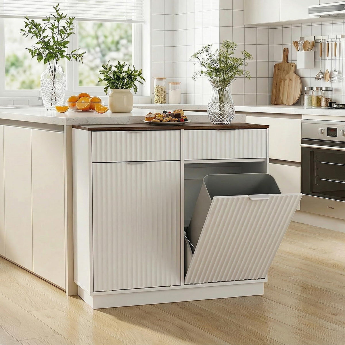 White Double Tilt Out Trash Can Cabinet S9084