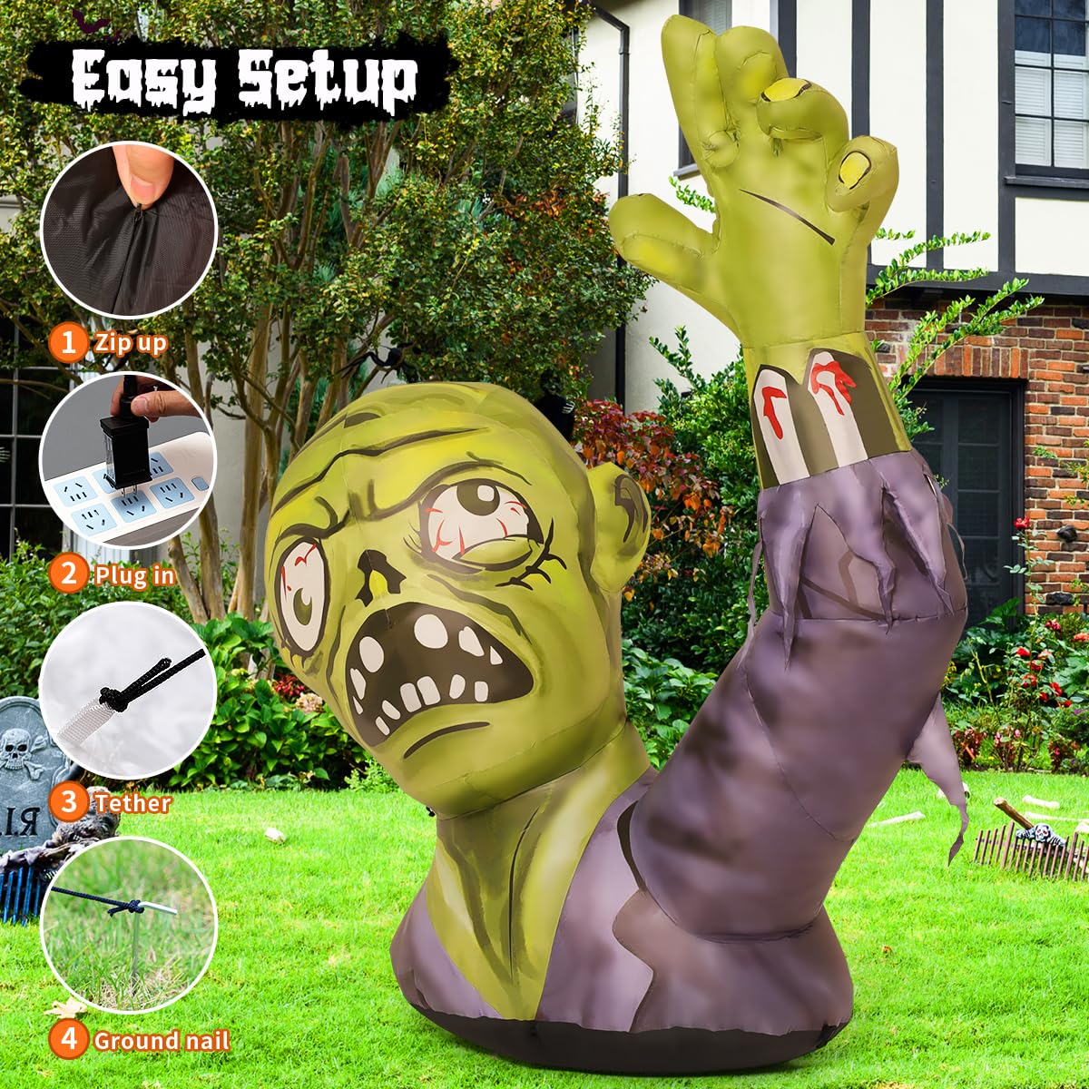 5.2 FT Halloween Inflatables Green Zombies with Built-in LEDs K11469