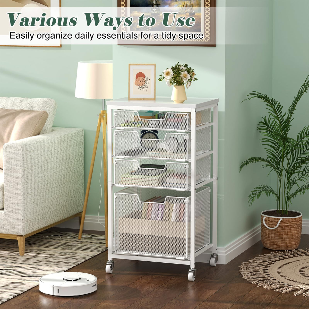4 Drawer Rolling File Cart with Wheels, White R4308