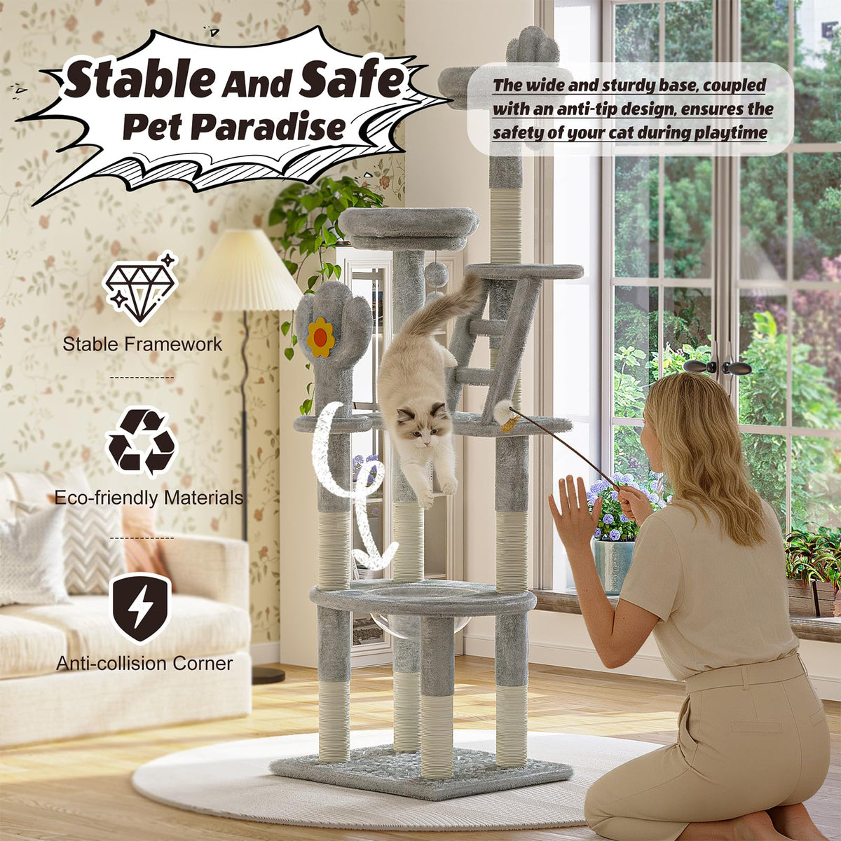 72in Gray Multi-Level Cat Tree with Transparent Capsule O501187