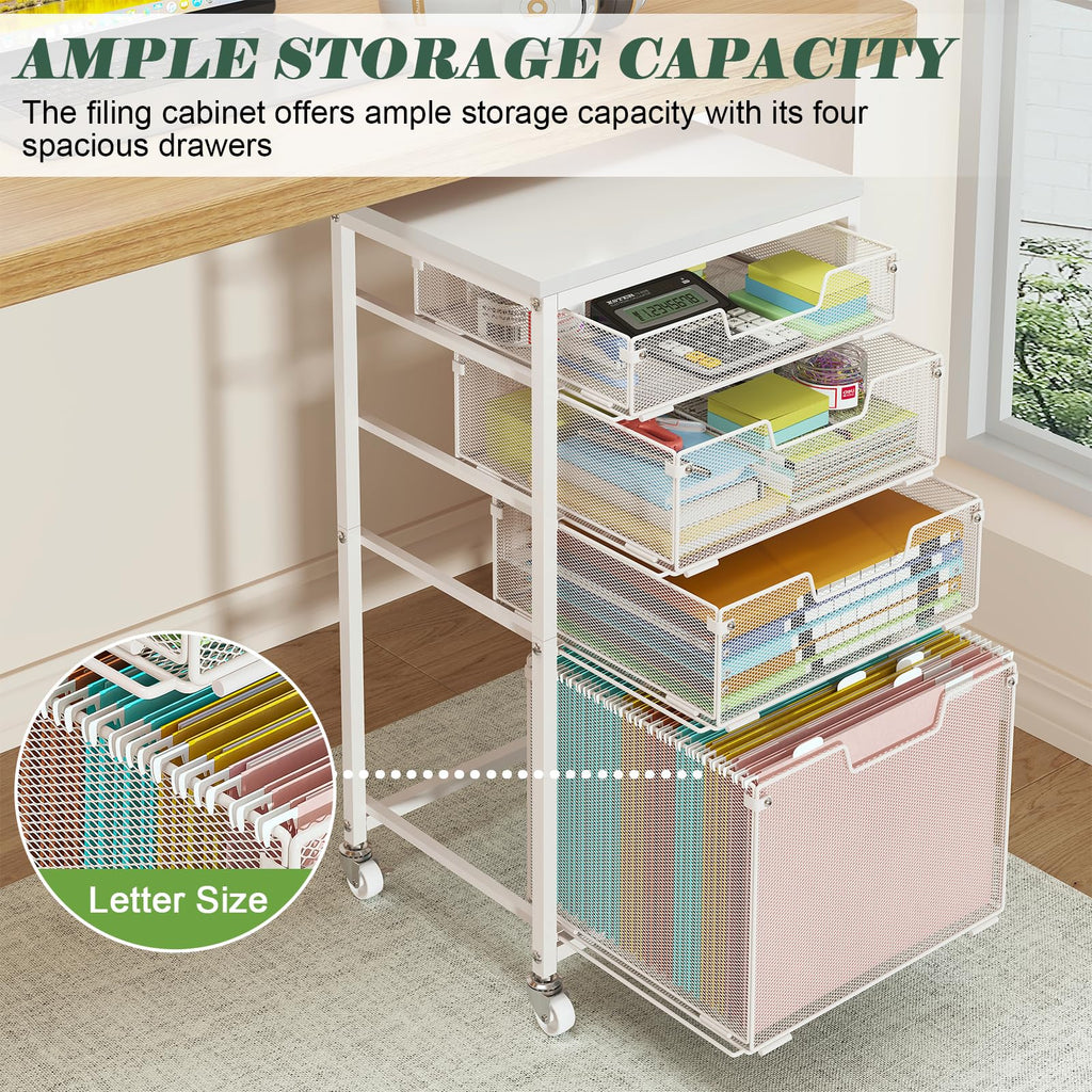 4 Drawer Rolling File Cart with Wheels, White R4308